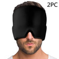 Black elastic gel headache relief mask shown on a forehead, illustrating its size and adjustable fit.
