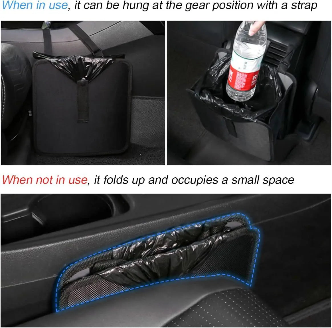Black waterproof Oxford cloth car folding trash can with hanging loop