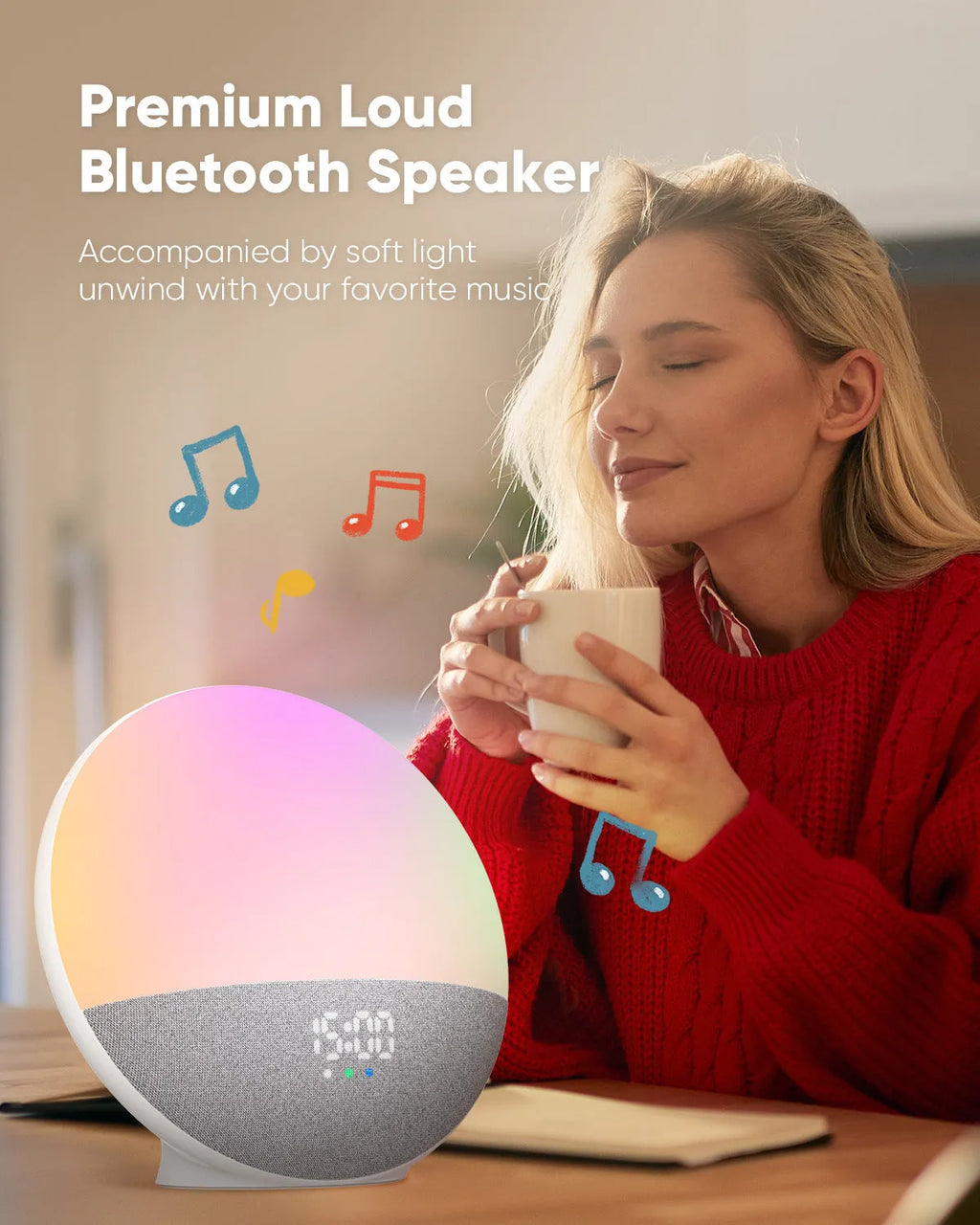 White Bluetooth speaker with RGB colourful luminous lights on a table