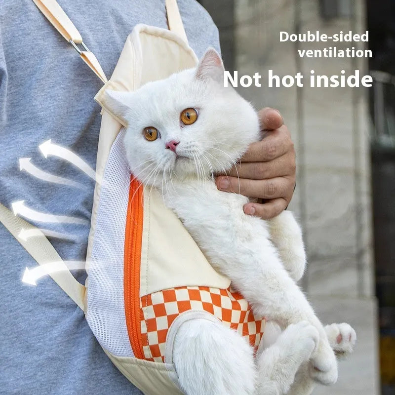 Soft non-woven canvas pet backpack for cats shown in purple, orange, and light grey colours.