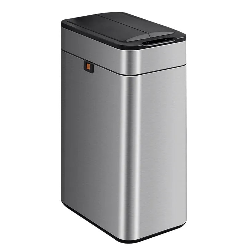 Square inductive smart trash can in stainless steel or white plastic, showing automatic lid open.