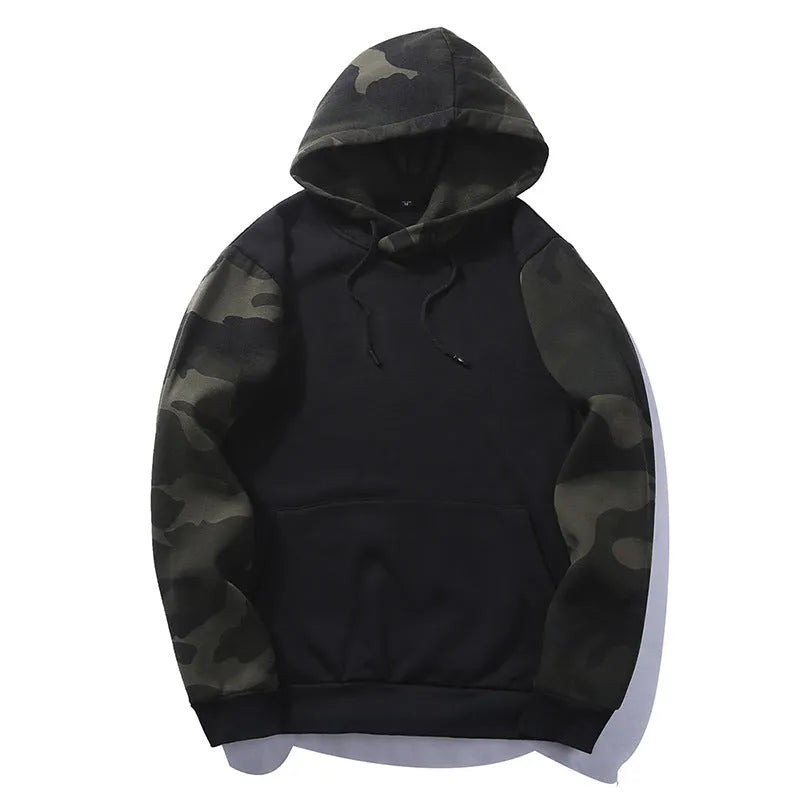 Men's casual camouflage colour block hooded sweater in polyester with black trim, front view