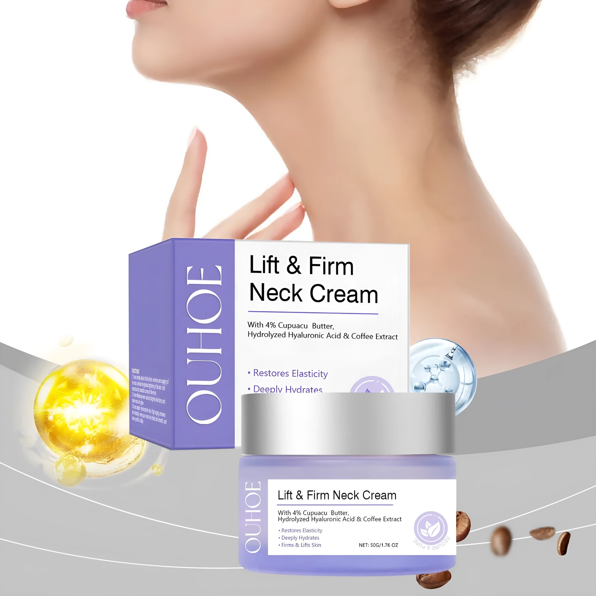 50g jar of neck skin cream for moisturising and firming with hydrolysed hyaluronic acid