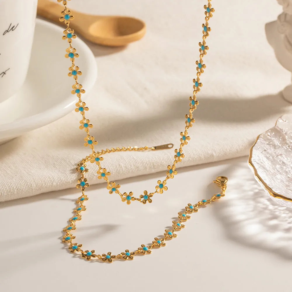 Oil-spot glaze flower necklace or bracelet with O-ring chain, stainless steel and titanium steel pendant