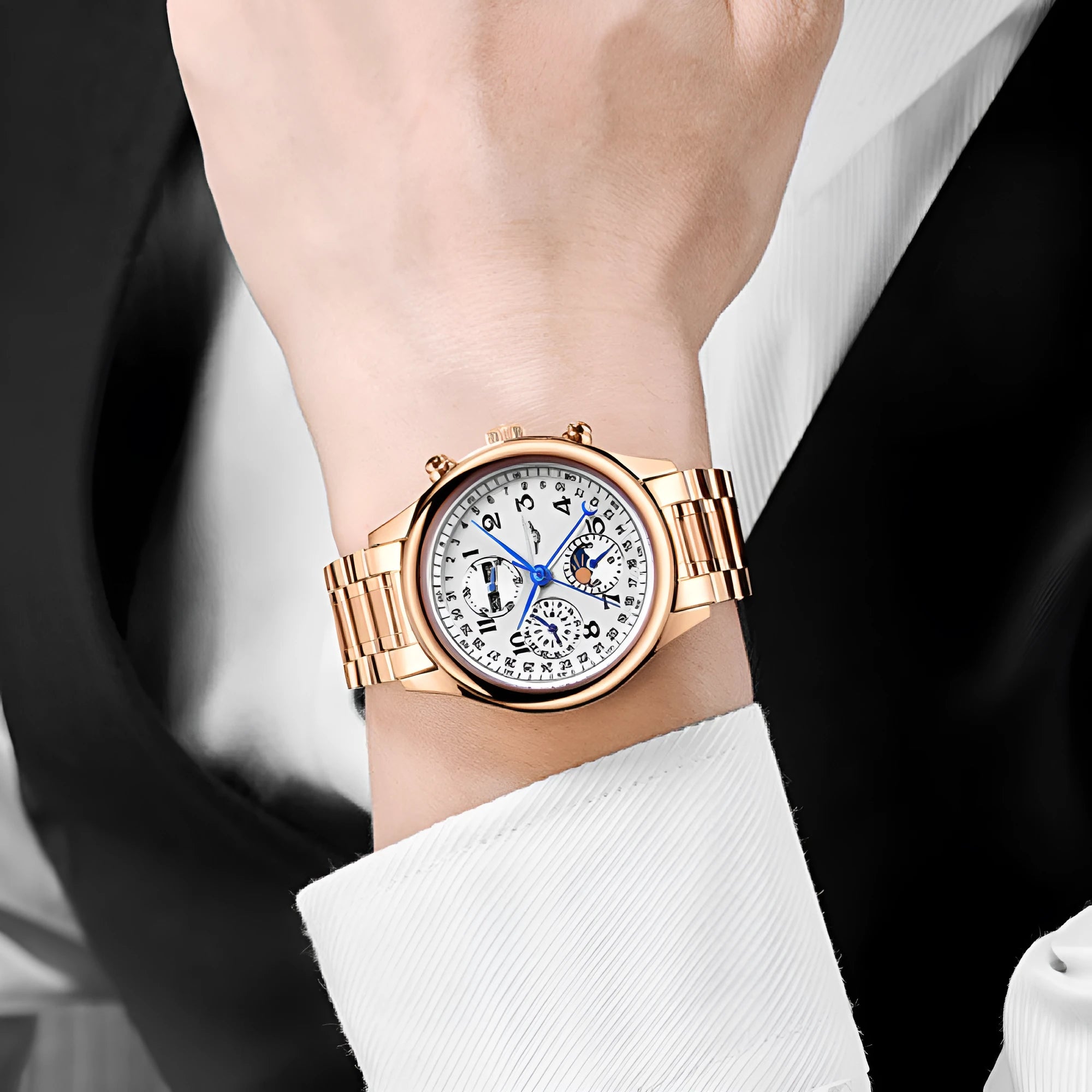 Men's mechanical perpetual calendar watch with leather strap showing moon phase and calendar displays