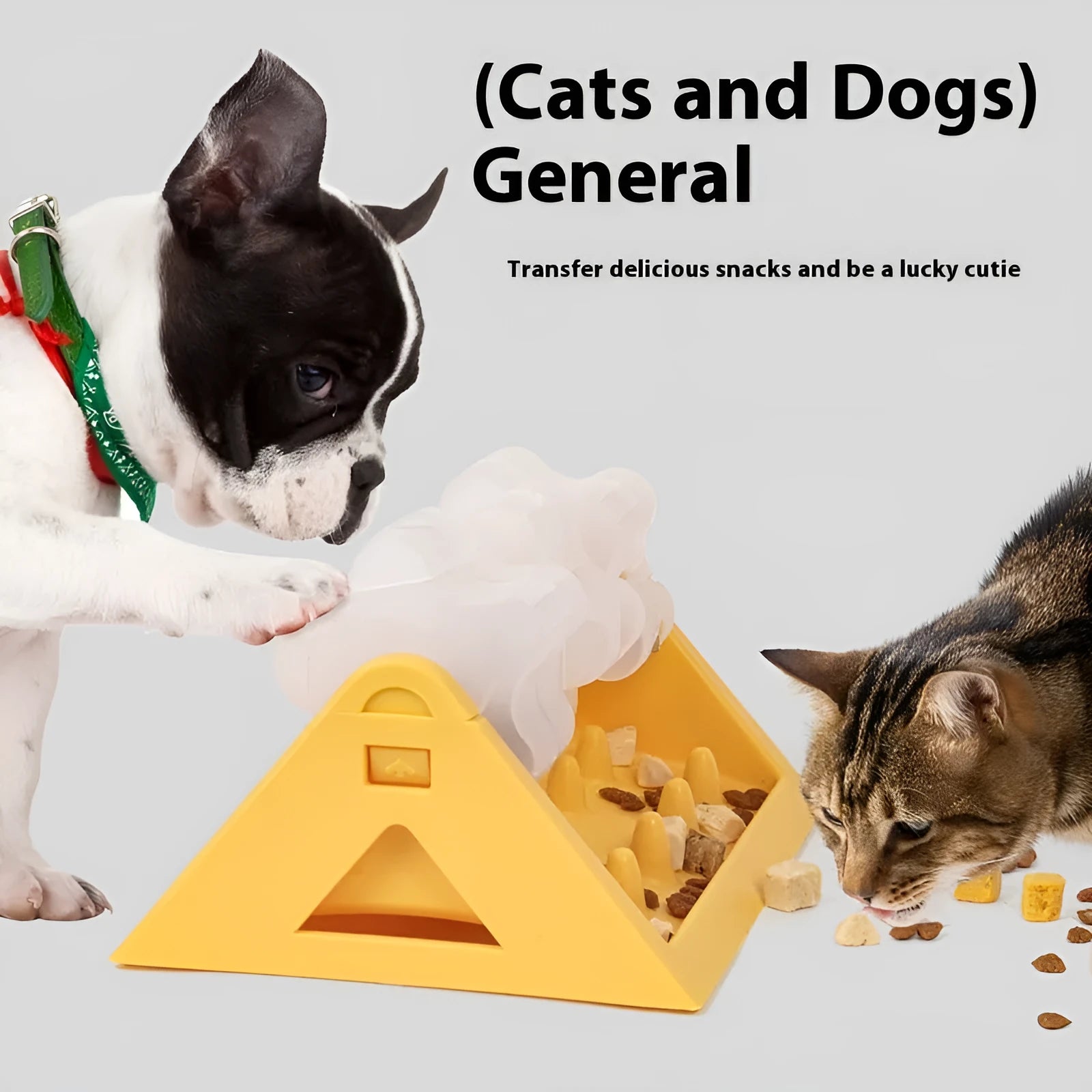 Automatic pet feeder slow food trainer for dogs and cats, interactive puzzle toy in yellow, green, pink