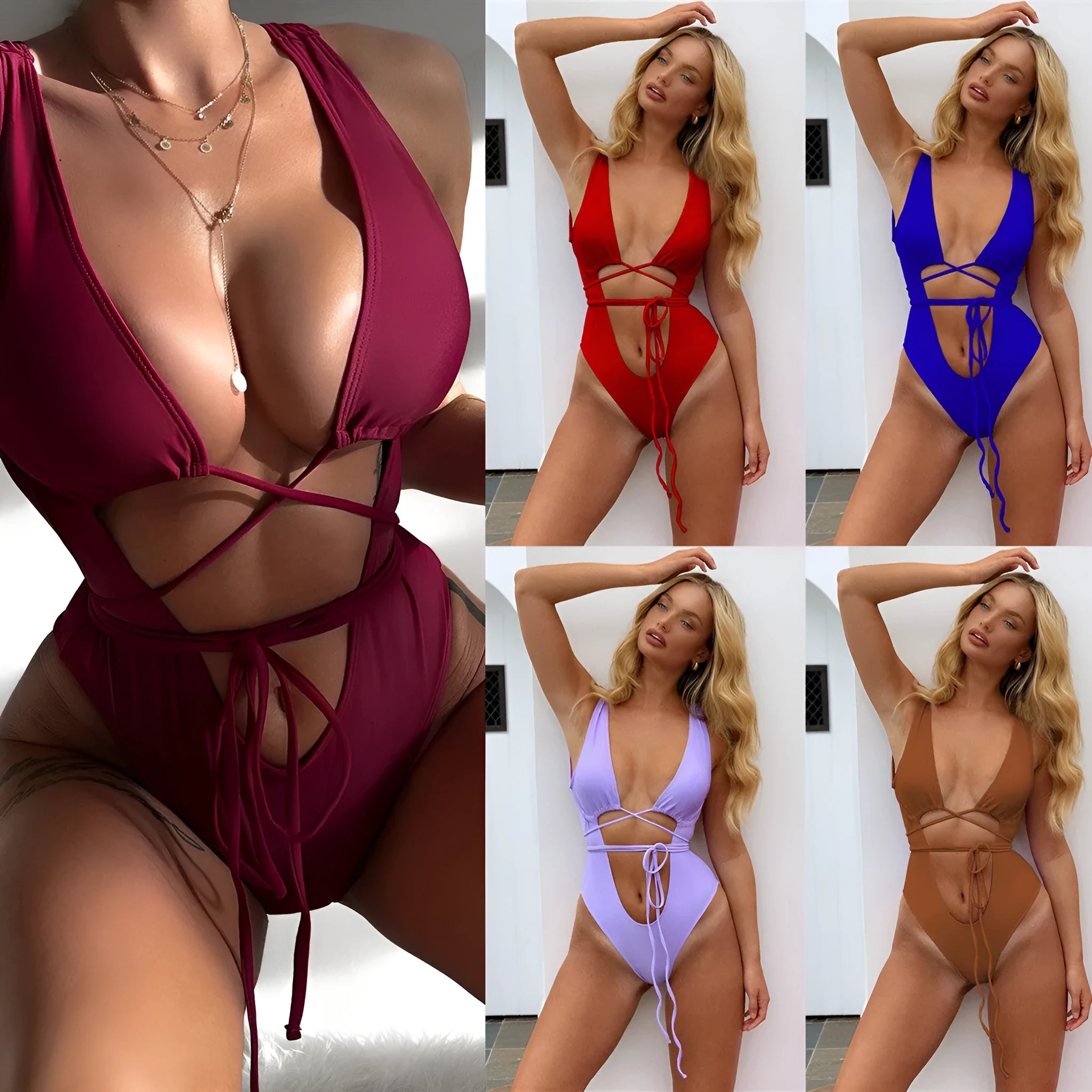 Women's hollow out strap one-piece swimsuit in solid colour with nylon lining