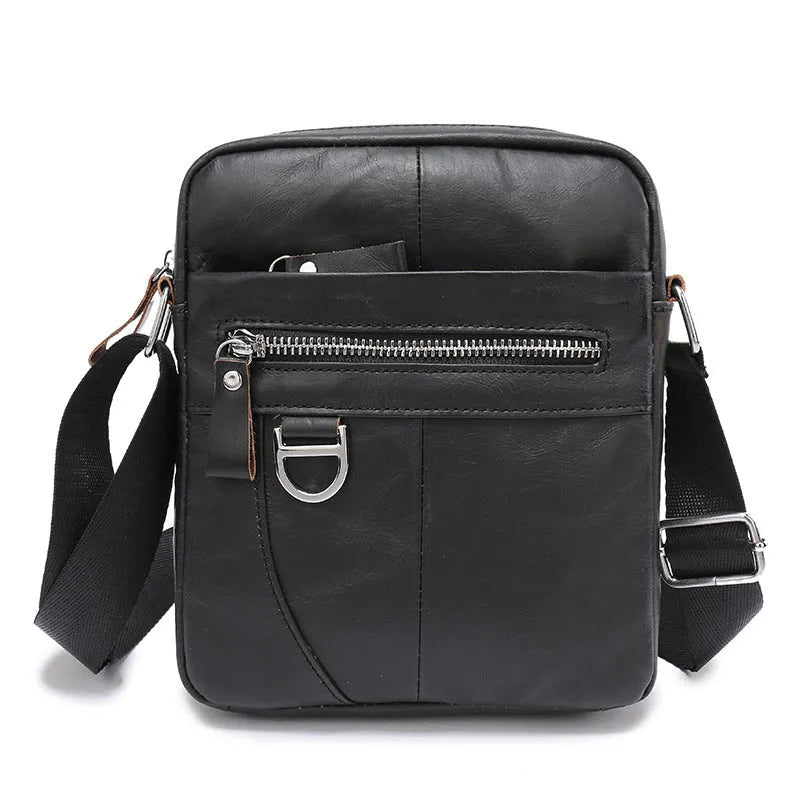 Black and brown 8-inch genuine cowhide leather crossbody messenger bag for boys with retro style.