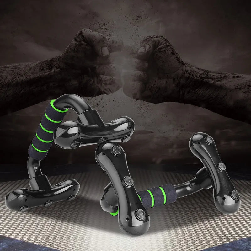 I-shaped push up bar with black and fruit green foam grips, PP plastic detachable home fitness equipment