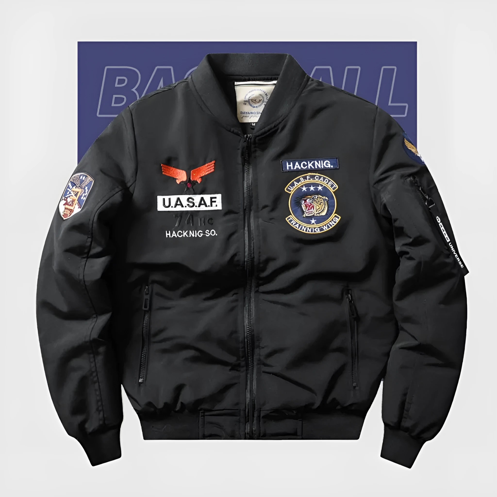 Men's slim-fit black retro embroidered motorcycle coat with a stand collar and patch pockets.