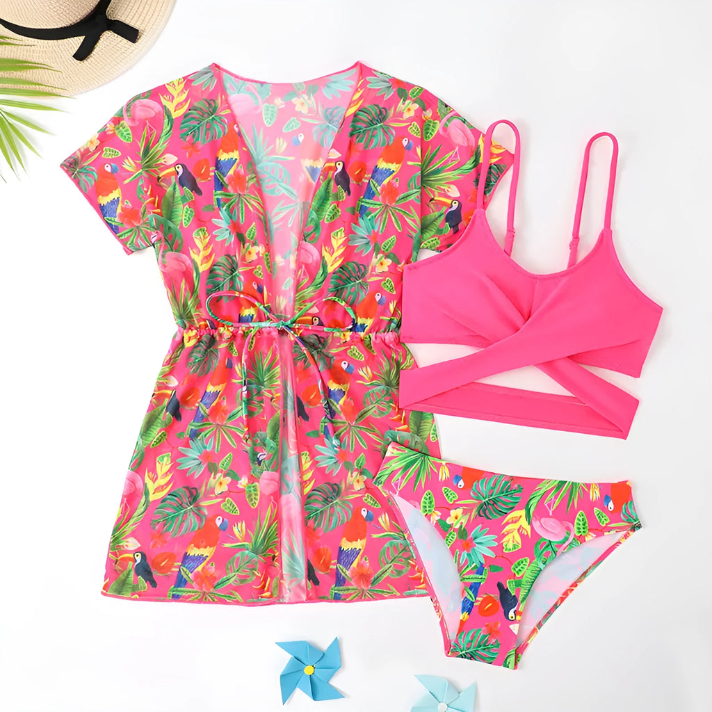 Girls floral split overclothes swimsuit bikini set in polyester fabric