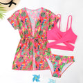 Girls floral split overclothes swimsuit bikini set in polyester fabric