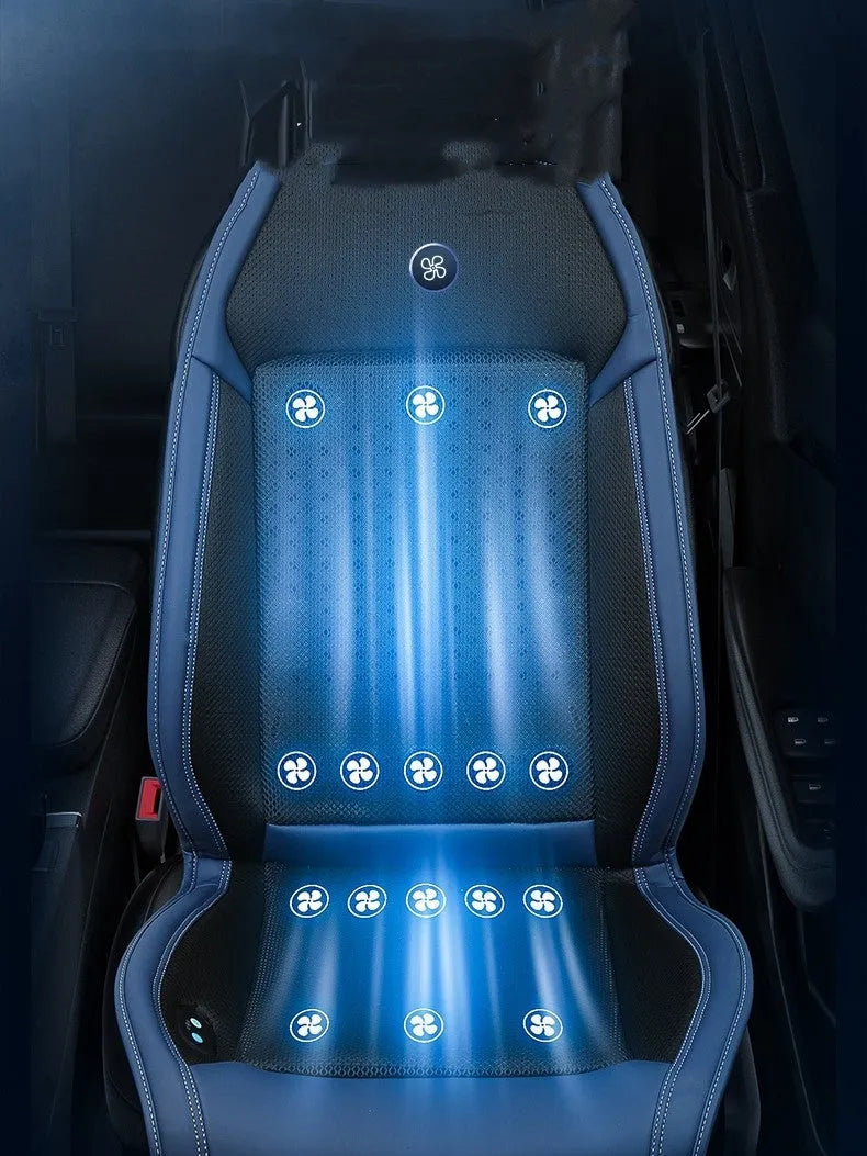 Minimalist black car seat cooling cushion with built-in ventilation fans and a USB power cable.