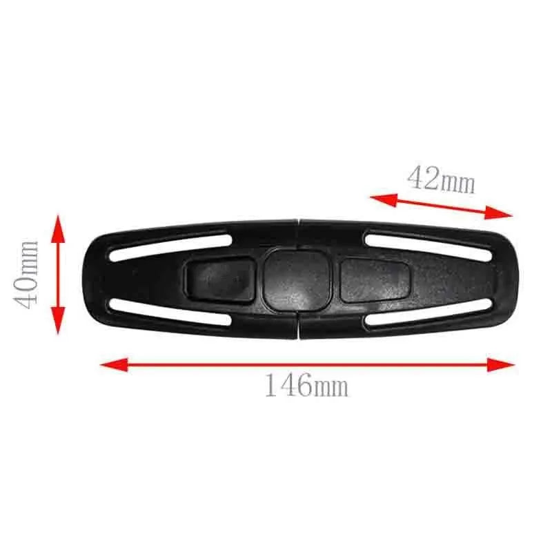 Black PA66 nylon seat belt clip for child car seat harness measuring 14.5cm by 4cm