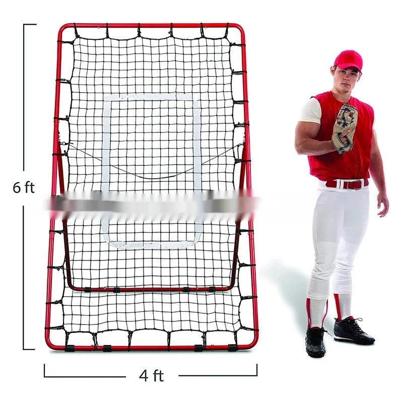 Red portable baseball training net with metal frame showing 4x6ft dimensions for outdoor sports practice