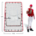 Red portable baseball training net with metal frame showing 4x6ft dimensions for outdoor sports practice