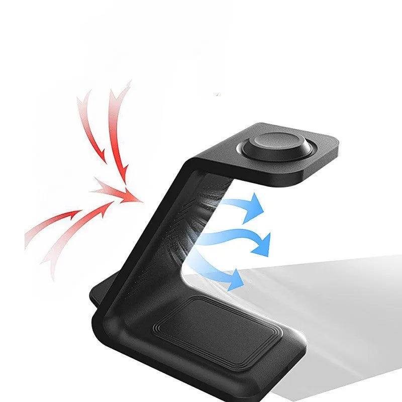 White 3-in-1 upright wireless charging stand holding a mobile phone, with a Type-C cable.