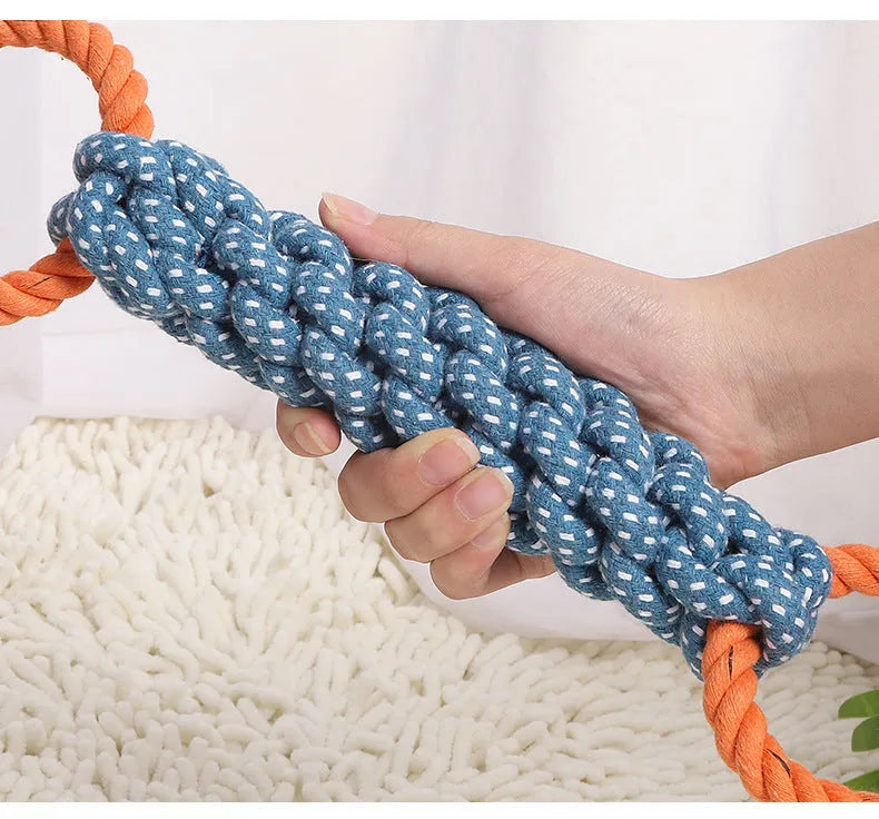 Blue braided bone rope dog toy with double rings for chewing and dental care