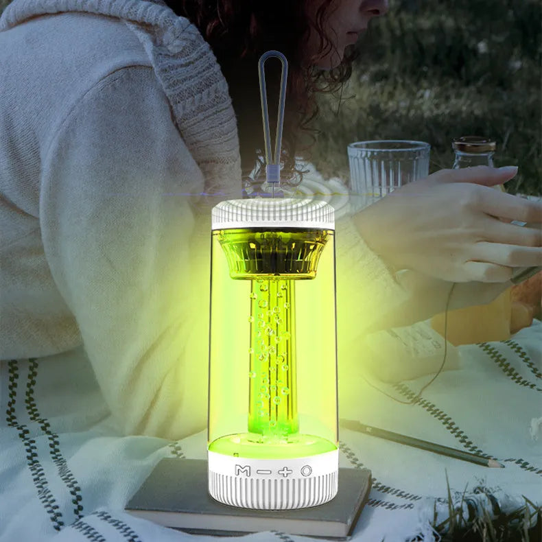 Black portable Bluetooth speaker with LED camping light, USB plug, 190mm tall