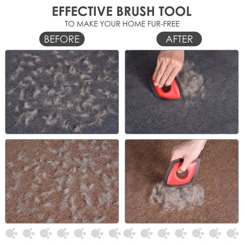 Silicone pet hair removal brush with bristles on one side and a flat scraper edge on the other, shown in red colour.