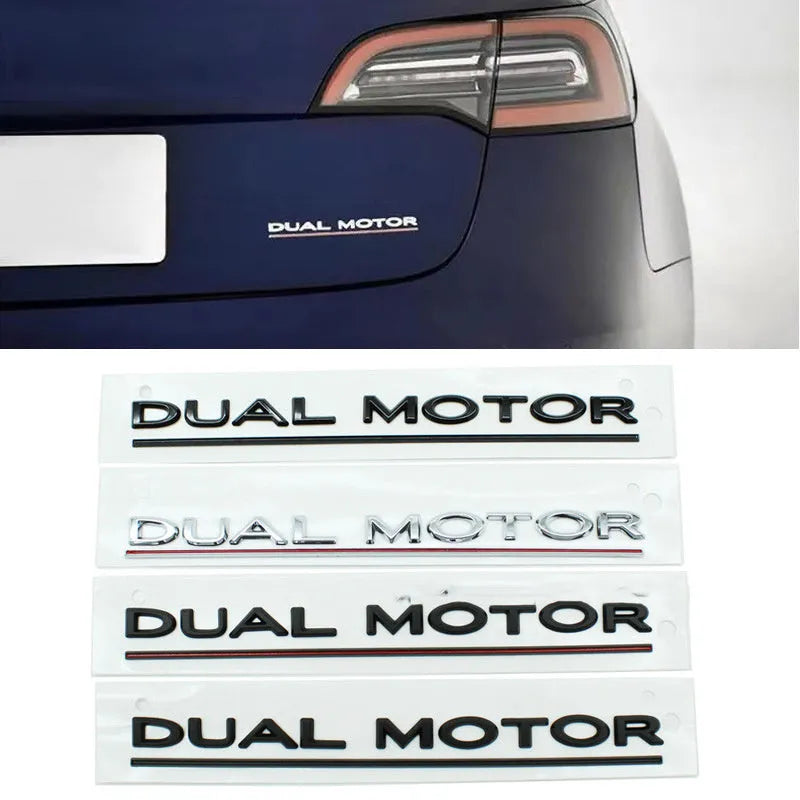 Tesla Model 3 dual motor performance bumper sticker in ABS plastic, showing matte black and red stripe option.