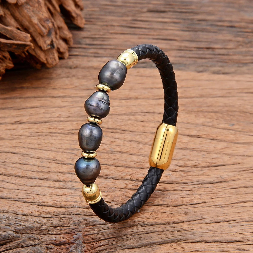 Korean style unisex leather bracelet with irregular shaped pearls in grey and black combination.
