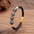 Korean style unisex leather bracelet with irregular shaped pearls in grey and black combination.