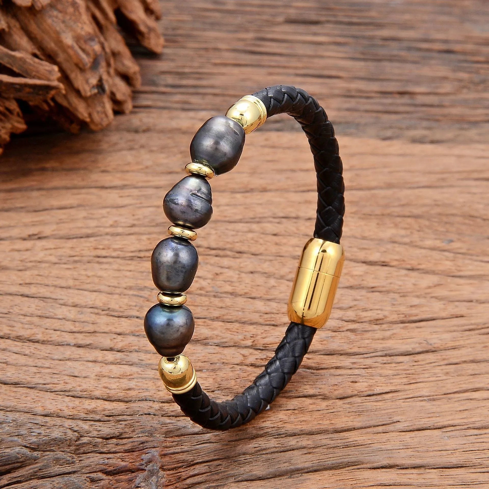 Korean style unisex leather bracelet with irregular shaped pearls in grey and black combination.
