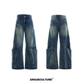 Men's Verdant blue loose-fit retro jeans with a faded burst pattern and curved knife leg design.