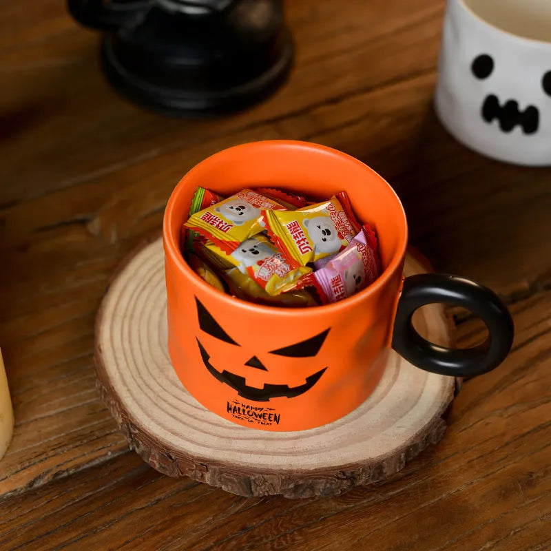 Orange pumpkin ceramic cup with handle and dessert spoon in gift box packaging