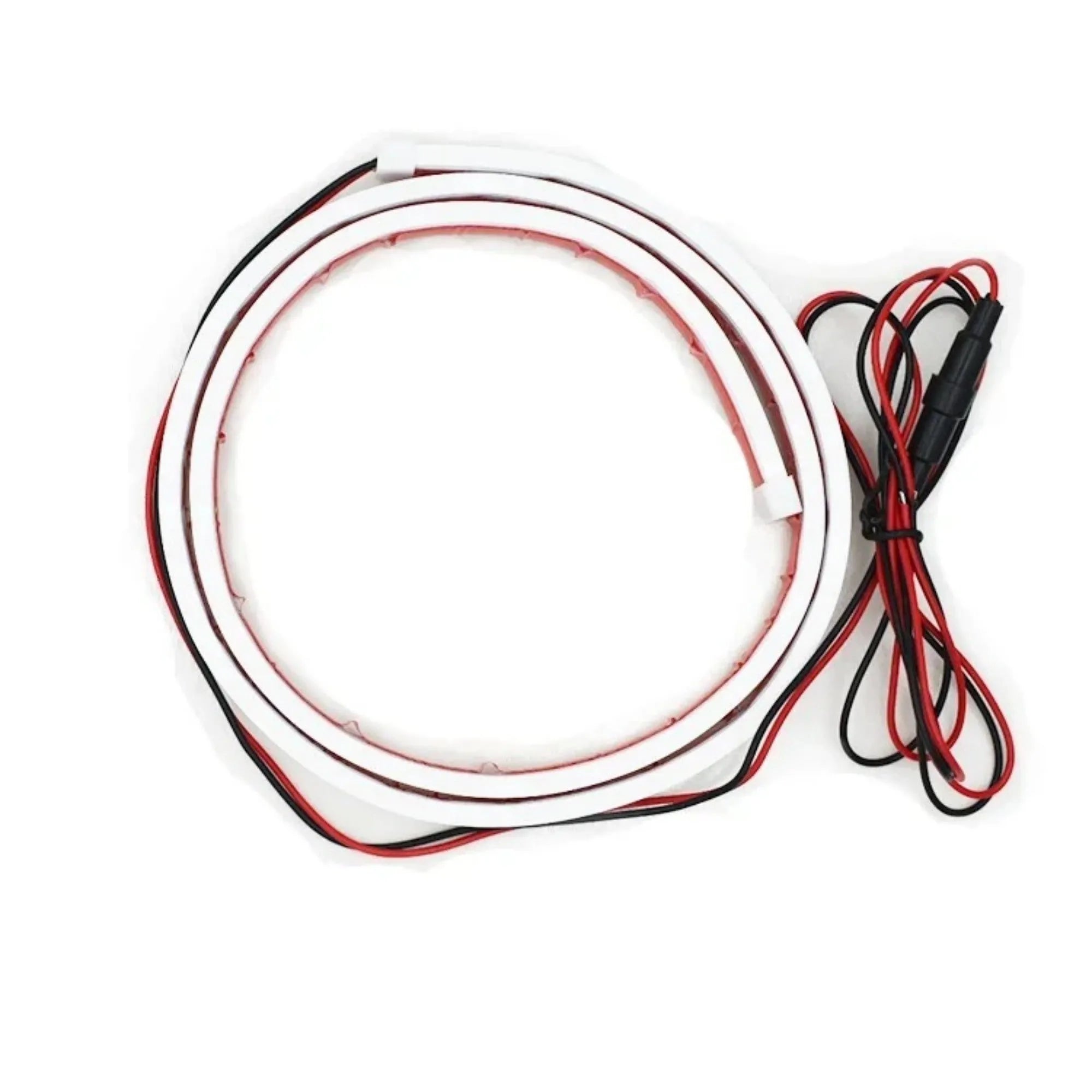 Car daytime running light strip in silicone housing, shown in white, ice blue, and red colour options.