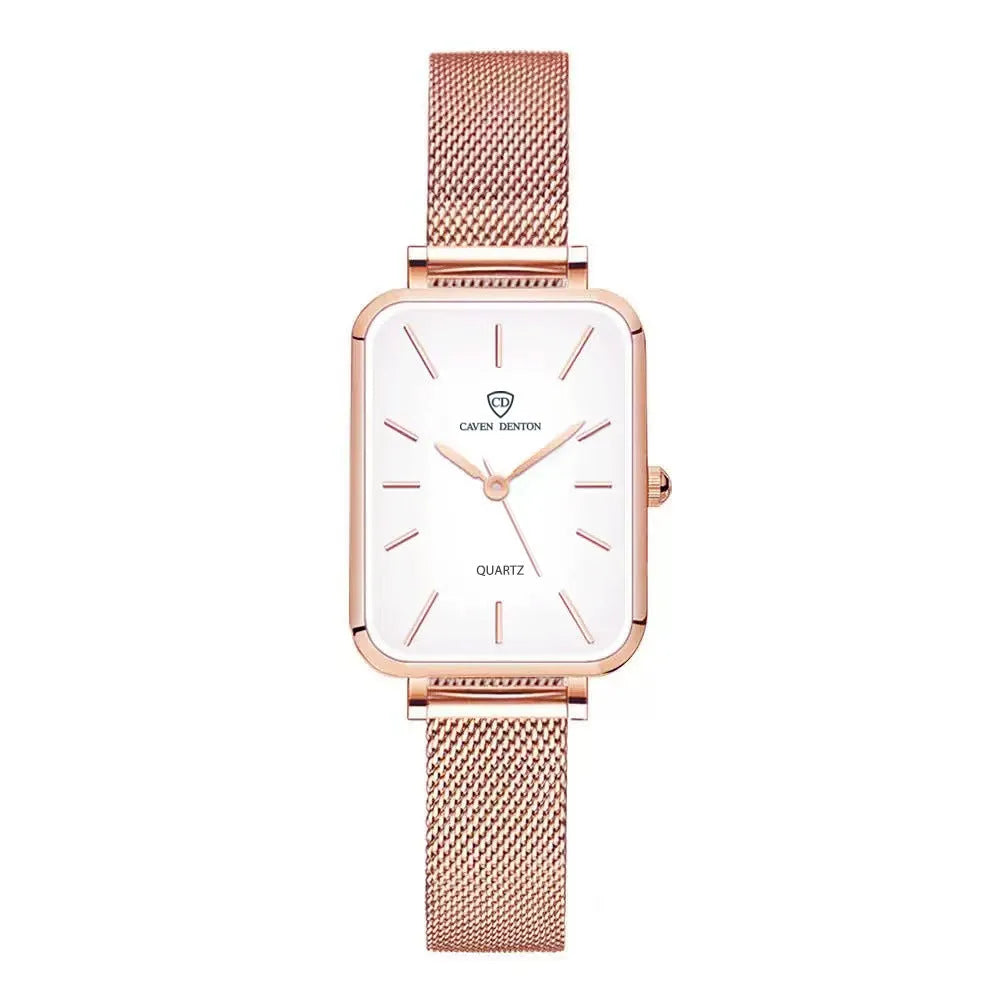 Women's waterproof quartz watch with woven steel strap in rose gold or silver, 34mm alloy case