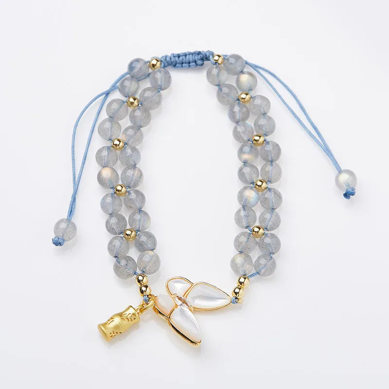 Grey moonstone woven bracelet with butterfly charm for women