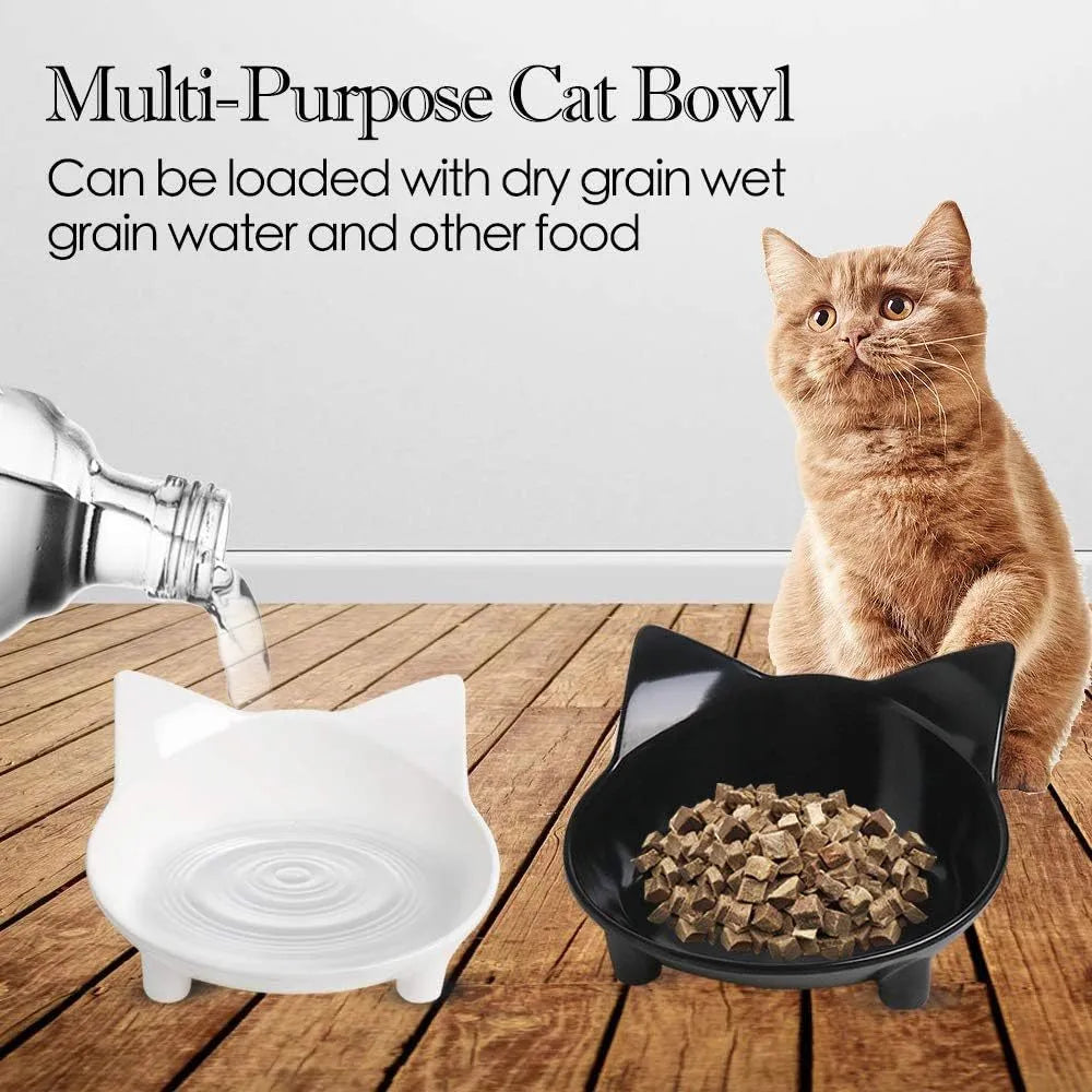 White shallow melamine cat bowl with non-slip rubber base on a table.