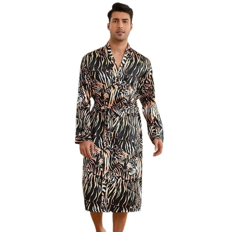 Men's tiger print bathrobe and matching shorts set in ultra-thin fabric
