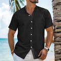 Men's loose cotton-linen cardigan with Henry collar and short sleeves in solid colour options