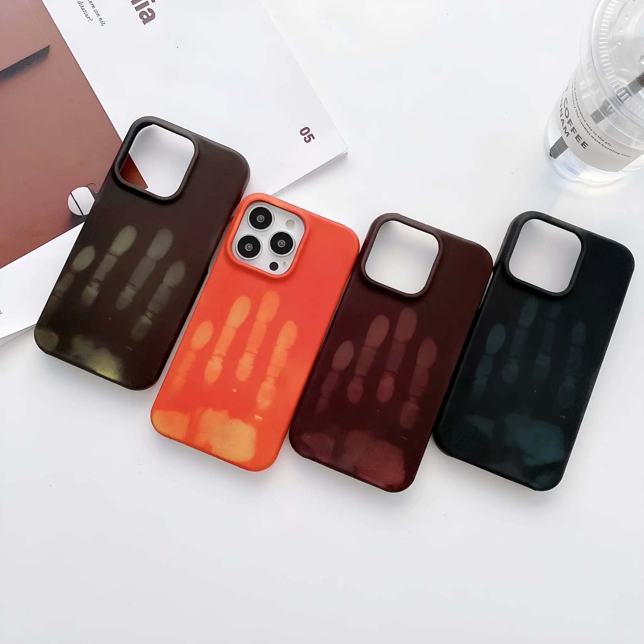 Heat-sensitive colour-changing PC phone case for iPhone with inner velvet half-wrap, red to orange transition