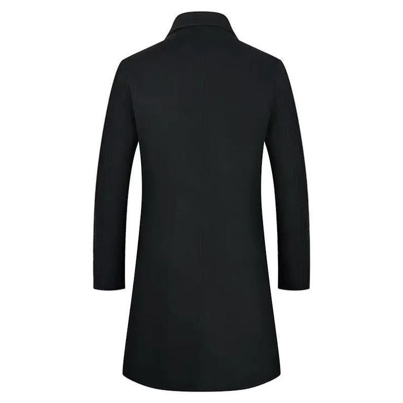 Men's slim fit wool trench coat in black, Korean business style, front view