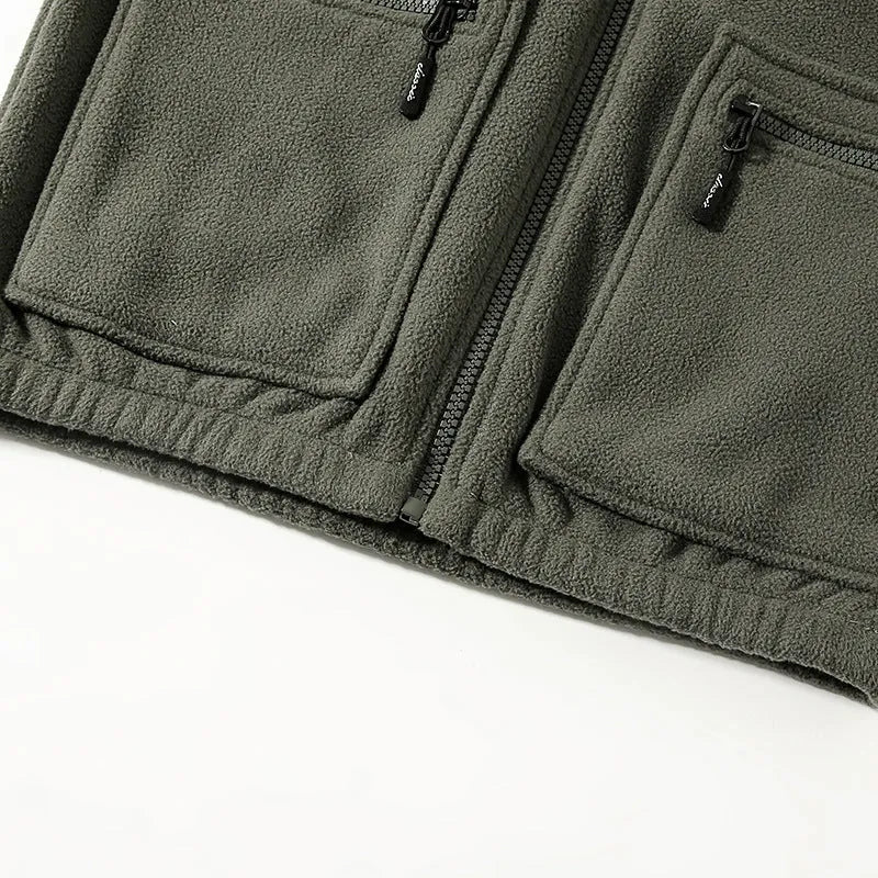 Men's fleece-lined thickened lamb wool fleece jacket cardigan in army green, loose fit, zip front, polar fleece fabric