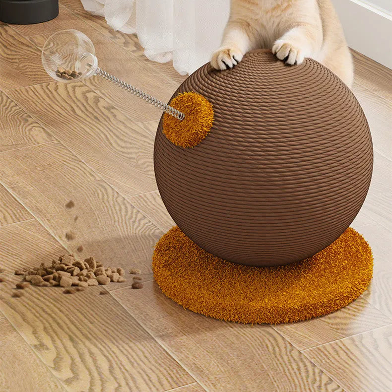 A hemp rope cat scratch board showing large and small size options with either a tumbler or cat grasping ball toy attached.
