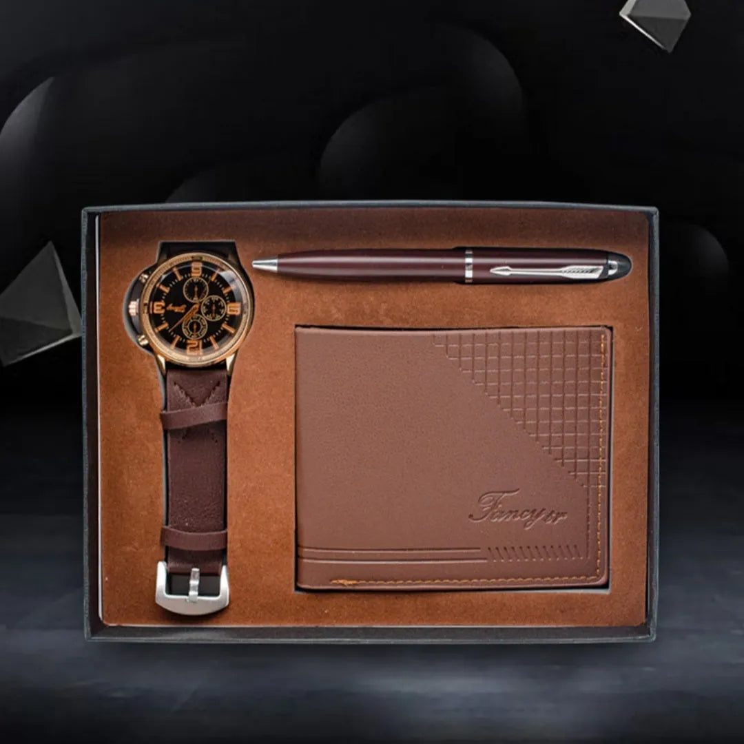 Creative holiday gift set featuring a wallet, pen, and watch in a gift box, available in black or brown.