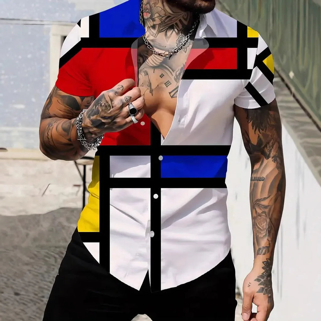 Men's slim fit geometric line print short sleeve shirt with cardigan lapel