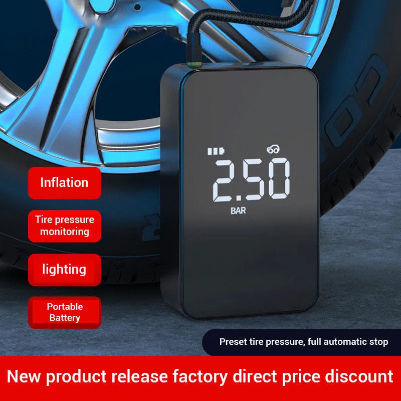 Wireless digital display air pump with large screen, four air nozzles, and a black ABS housing.