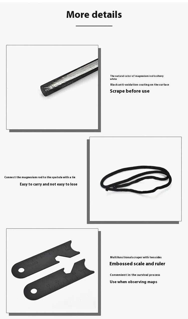 Black outdoor multifunctional survival flint tool with stainless steel scraper on a dark background.