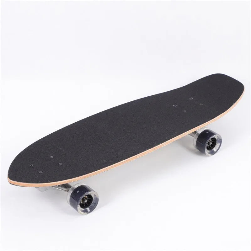 White wooden street scooter with maple deck, 31 inches long, on pavement.