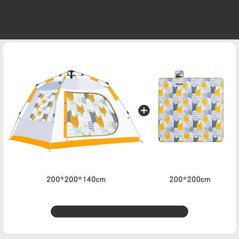 Portable children's camping folding tent in printed Orange Cat Xiaobao design, set up outdoors