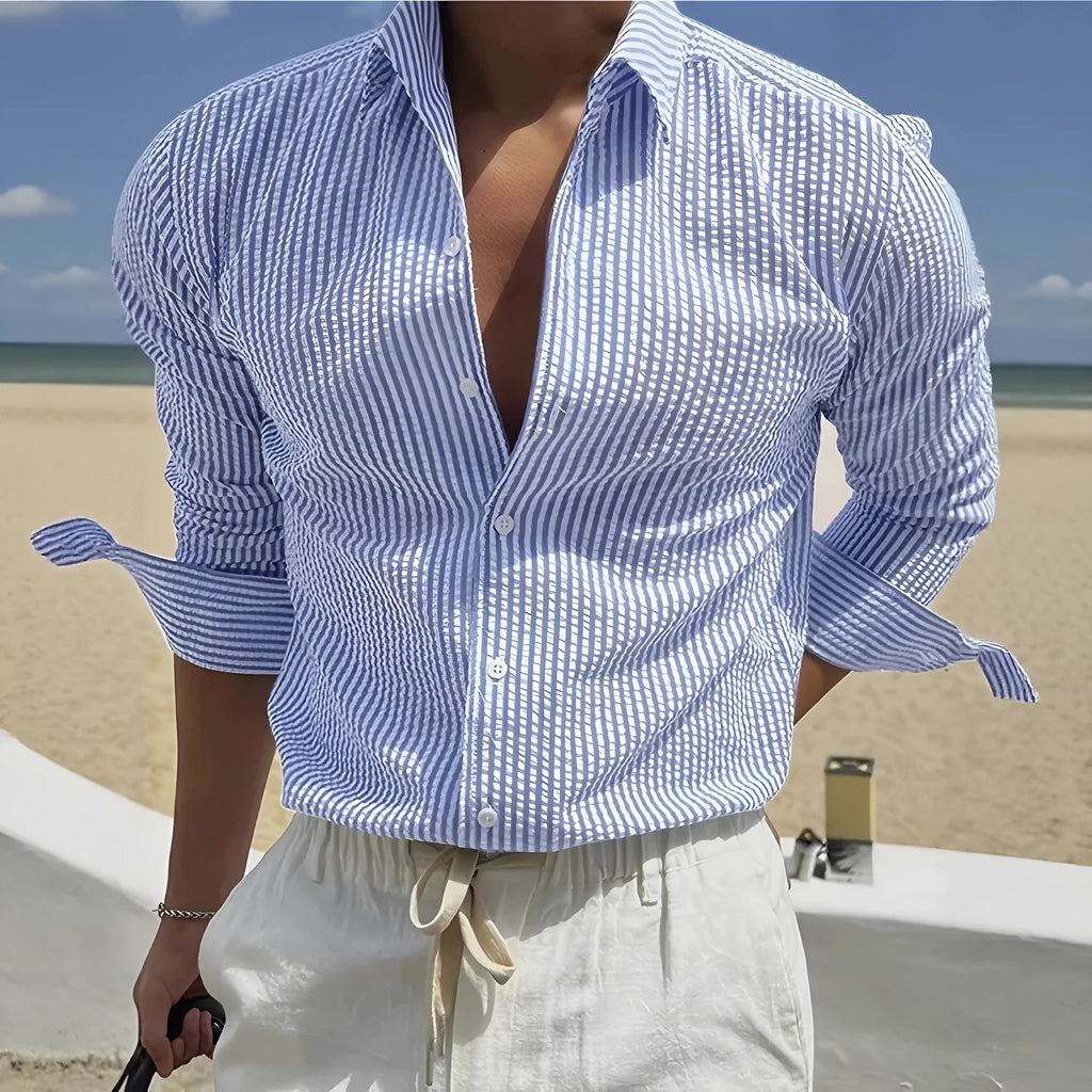 Striped long sleeve shirt with cardigan lapel in polyester fabric showing colour options