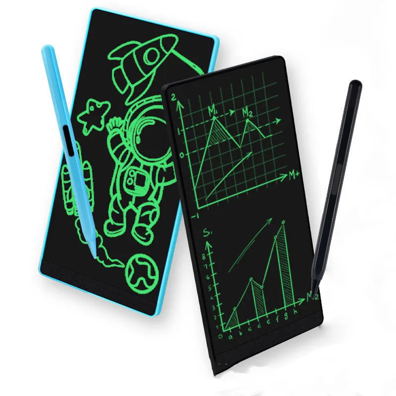 Blue LCD handwriting board with 6.5-inch screen and stylus on a white background