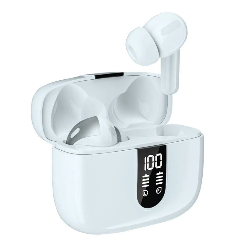 Jelly X08 wireless Bluetooth earbuds in charging case, showing digital display, available in black, grey, or white.