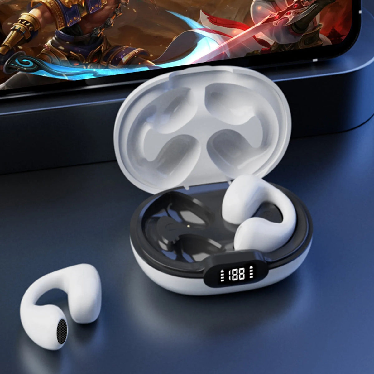 White and black wireless bone conduction Bluetooth headset two-pack with earplug style and headphone compartment.
